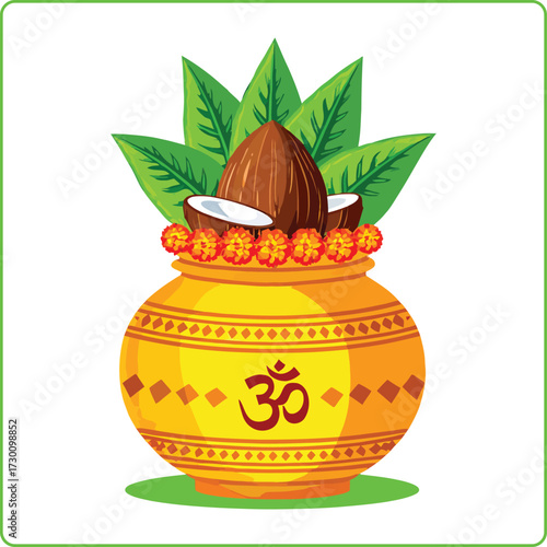 Auspicious Hindu Kalash Pot with Coconut and Mango Leaves Symbolizing Prosperity and New Beginnings, a Revered Tradition