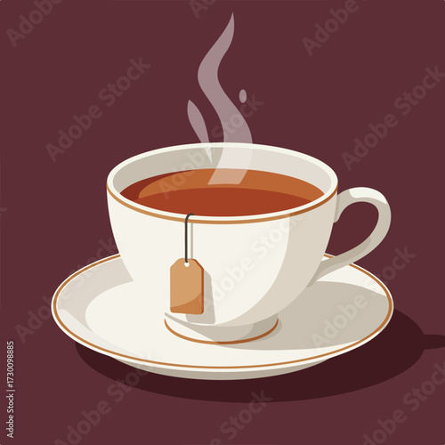 Cup of tea with teabag and steam on a matching saucer, brown backdrop