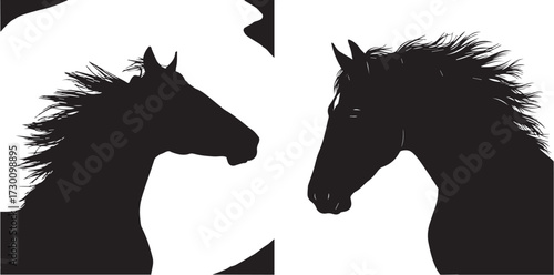 Elegant Black Horse Head Silhouettes with Flowing Manes on White Background
