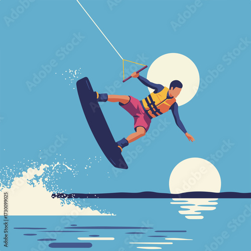 Man wakeboarding on water with two suns in geometric, illustrative style