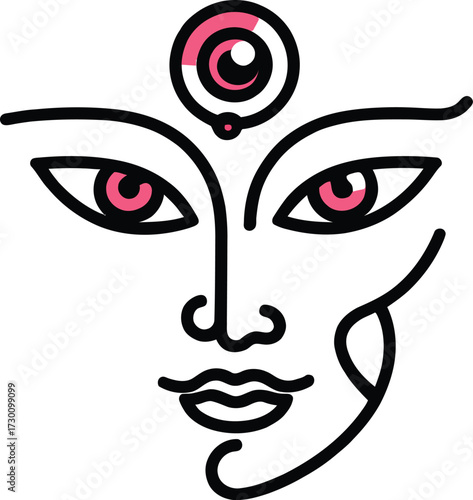 Minimalist Durga Face Illustration with Bold Lines, Pink Accents, and Traditional Indian Aesthetic for Decorative and Symbolic Purposes
