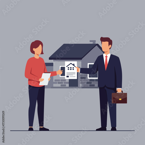 Agent hands house key document to a client in front of a dark brick house