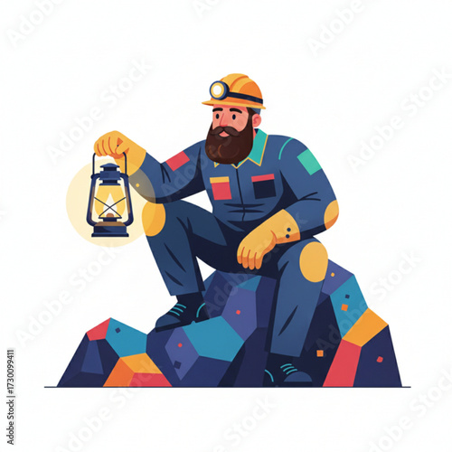 A miner with a beard is sitting on colorful rocks, wearing a helmet and holding a lantern for light.