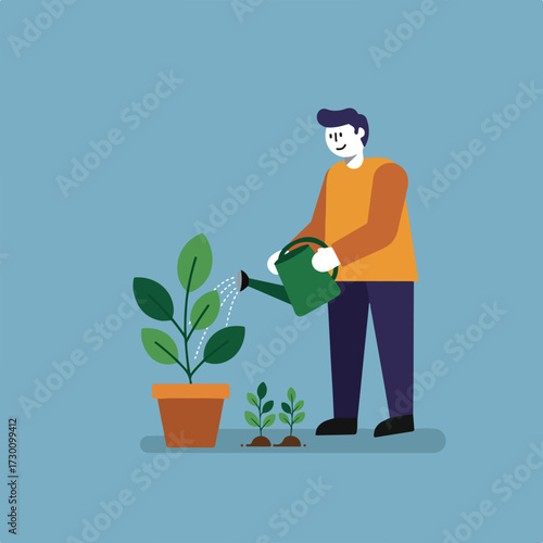Person waters a potted plant with a watering can. Two sprouts beside it