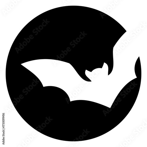 Logo para Halloween. Icono con silueta de vampiro volando en luna o círculo en espacio negativo para felicitaciones y tarjetas