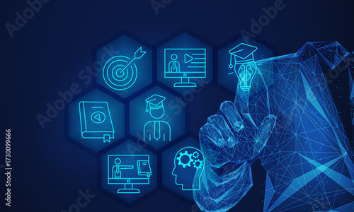 Futuristic digital E-learning technology concept.wireframe symbolizing education and innovation. AI machine learning icons represent e-learning,online courses,knowledge sharing,vector illustration 