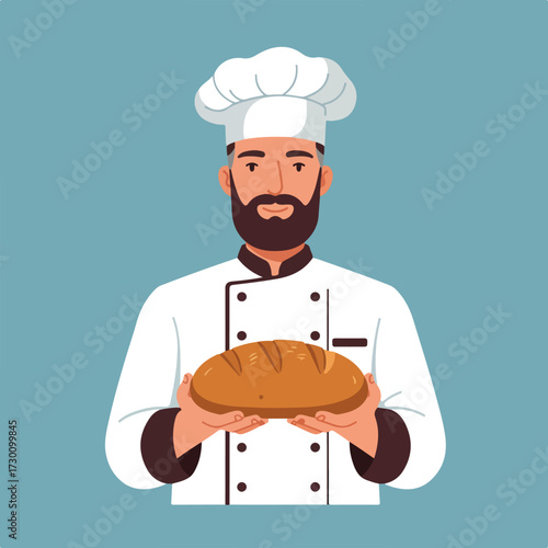 Chef holding loaf on muted teal