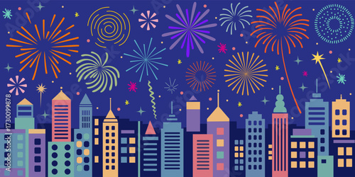Flat vector illustration of city holiday celebration panorama with bright fireworks show in night sky. Colorful festive firecrackers sparkle above modern megapolis skyline