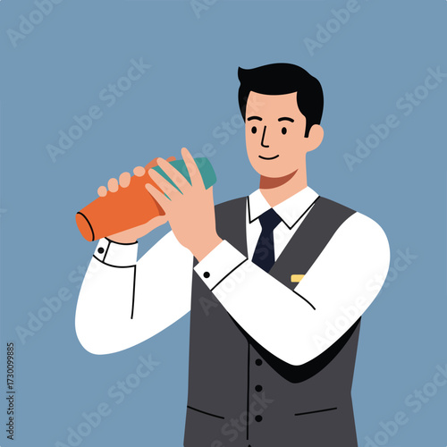 Bartender shaking an orange cocktail shaker against a blue background