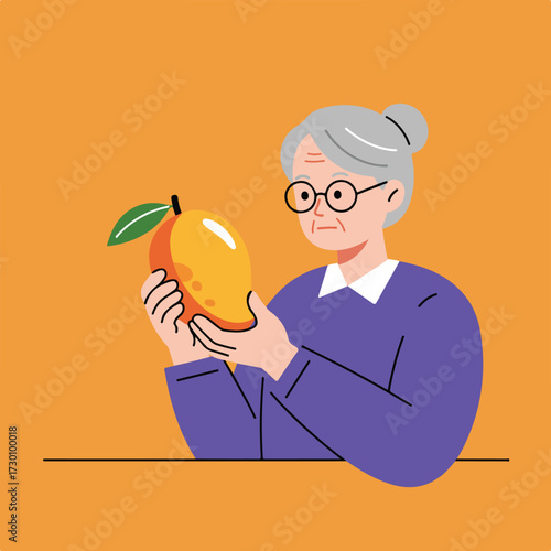 Woman with glasses holds a large mango in hands