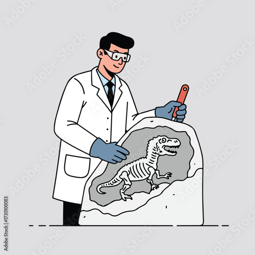 Paleontologist unearthing dinosaur fossil with tool