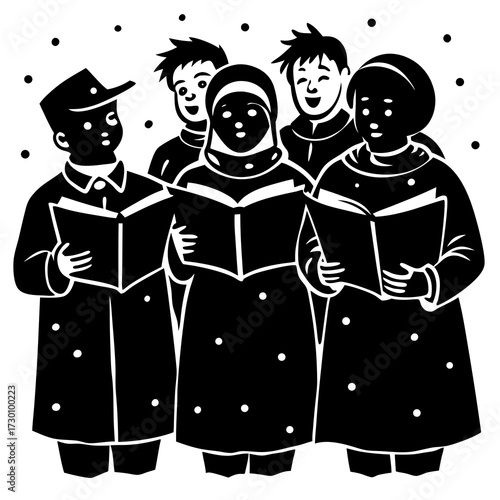 Carol Singing Illustration _ Group of kids singing carols in the snow with song books.