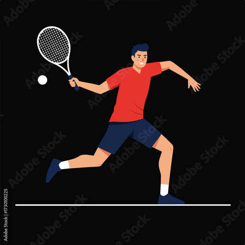 Man in red shirt swings tennis racket at ball on a white line on black