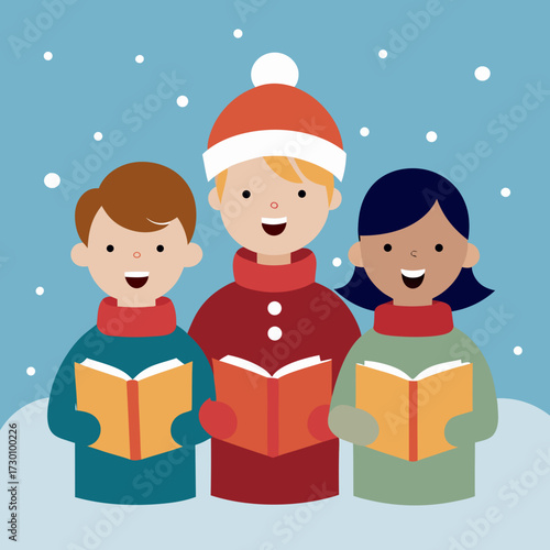 Carol Singing Illustration _ Group of kids singing carols in the snow with song books.