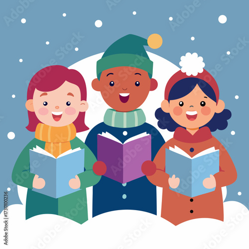 Carol Singing Illustration _ Group of kids singing carols in the snow with song books.