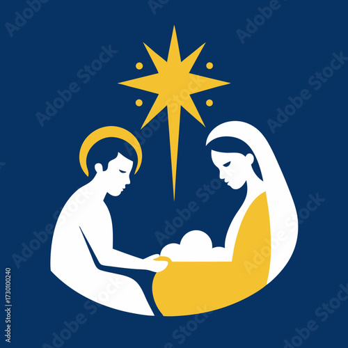 Nativity Scene Silhouette _ Mary, Joseph, and Baby Jesus in manger with shining star.