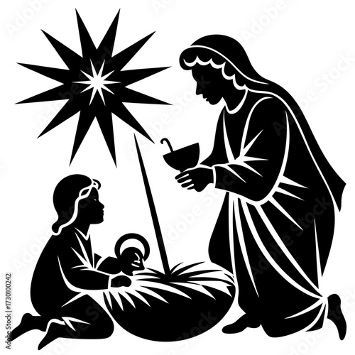 Nativity Scene Silhouette _ Mary, Joseph, and Baby Jesus in manger with shining star.