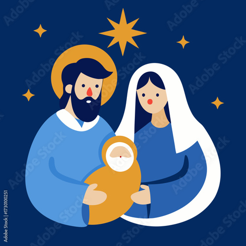 Nativity Scene Silhouette _ Mary, Joseph, and Baby Jesus in manger with shining star.