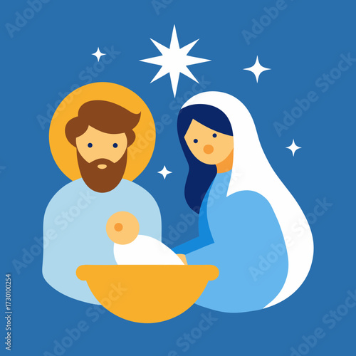 Nativity Scene Silhouette _ Mary, Joseph, and Baby Jesus in manger with shining star.