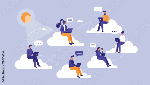 Vector art of diverse group of people working remotely on laptops while sitting on clouds, connected by digital lines under a sun, symbolizing cloud computing and online collaboration 