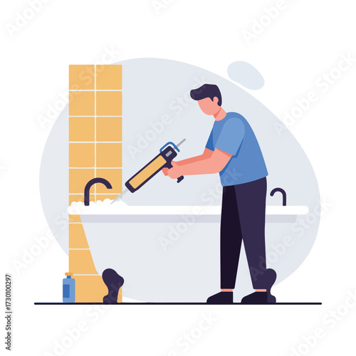Man sealing a bathtub with sealant gun, tile wall and bath products nearby