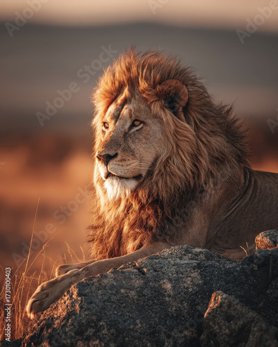 Majestic African Lion Resting on Rock During Golden Hour in Savannah