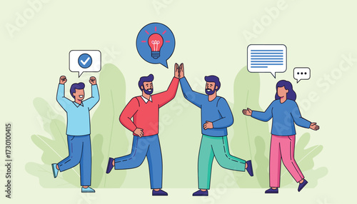 Vector art of teamwork and collaboration concept illustration with people highfiving and celebrating success with icons representing ideas, communication, and achievement