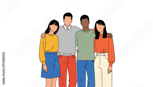 Vector art of diverse group of four young friends, two men and two women, standing together with arms around each other 
