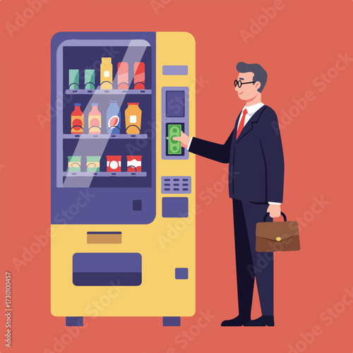 Cartoon of businessman buying drink from vending machine on orange background