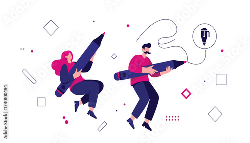 Vector art of two cartoon people, a woman and a man, are holding giant pencils and drawing 