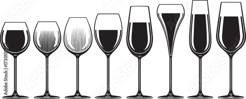  Vector Set of Alcohol Glasses – Red Wine, White Wine, Champagne, and Sparkling Drinks