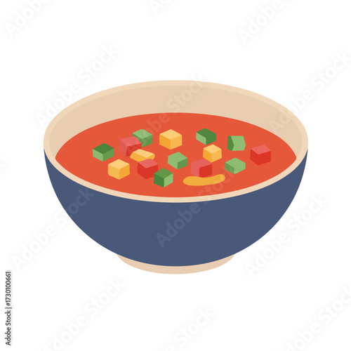 Bowl of red soup with green, yellow, and red cube-shaped ingredients