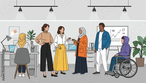Vector art of diverse group of people in an office setting, including individuals with disabilities and different ethnicities, collaborating and working together 