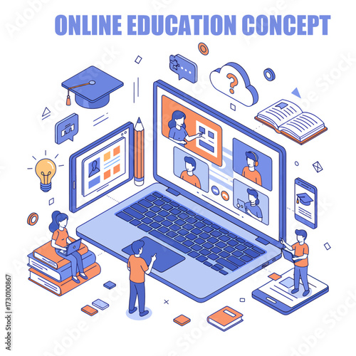 Online education concept. Business training, distance learning, back to school banner template. Internet course, podcast, webinar, video tutorial infographic. Flat isometric vector illustration. 