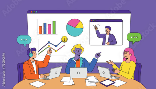 Vector art of diverse team collaborating remotely during a virtual meeting, analyzing charts and graphs on a large screen with online participants 
