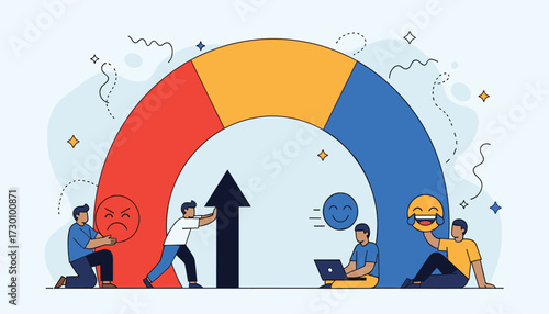 Vector art of people interacting with a gauge representing emotional feedback, from anger to joy, with an upward arrow indicating progress or improvement 