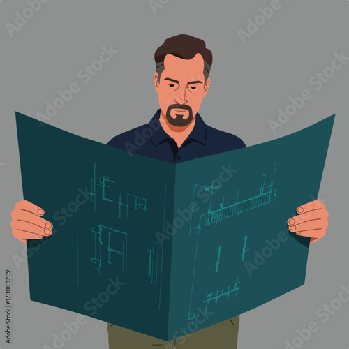 Man reading blueprint, design plans. Gray background. Headshot, shoulders
