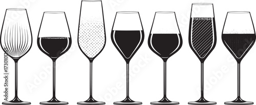  Vector Set of Alcohol Glasses – Red Wine, White Wine, Champagne, and Sparkling Drinks