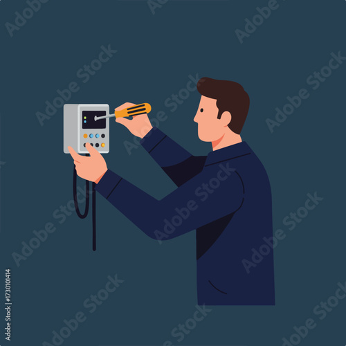 Man repairs a control panel with a screwdriver in a navy backdrop