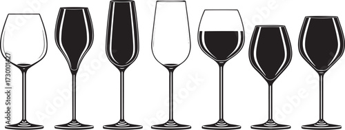  Vector Set of Alcohol Glasses – Red Wine, White Wine, Champagne, and Sparkling Drinks