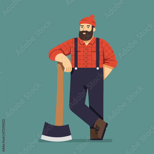 Flat vector lumberjack rests hand on an axe, beard, suspenders, red hat