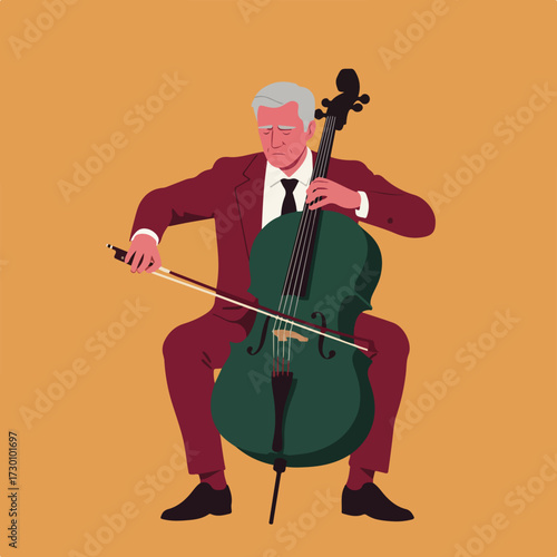Cellist in suit plays a deep green cello against a golden background