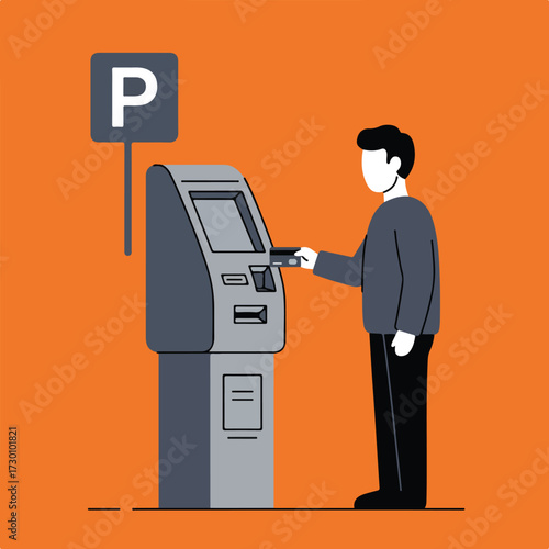 Minimalistic illustration of person at parking meter on orange background