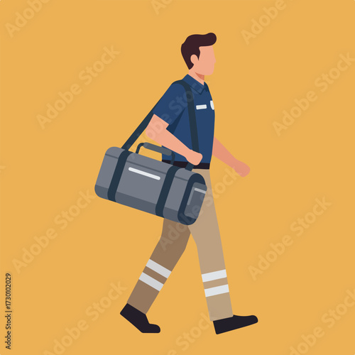 Man walks carrying gray duffel bag, wearing uniform on orange background