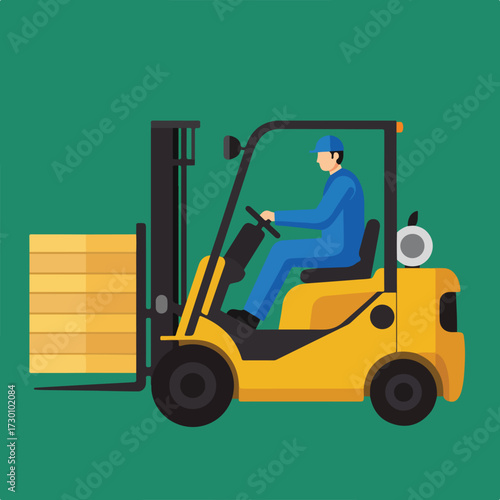 Yellow forklift moving stacked wooden planks, operator in blue uniform