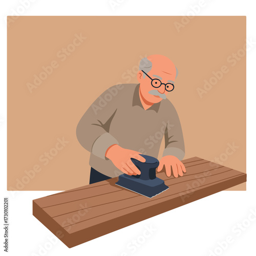 Elder man sanding a wood plank with a hand sander on a beige background