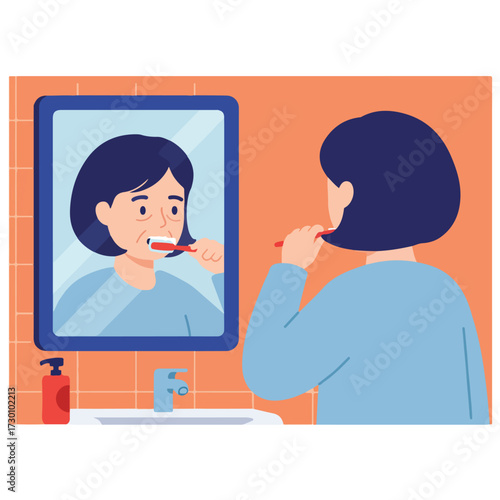 Woman brushes teeth in bathroom; mirror reflects face
