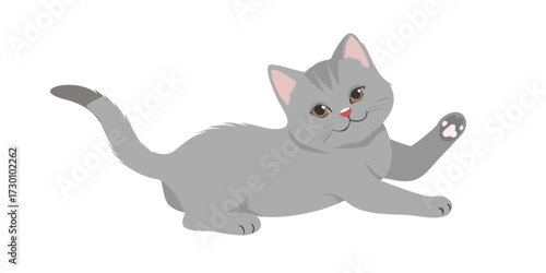 Playful grey British Shorthair kitten with paw raised against white background, concept for pet adoption, veterinary clinic, or animal shelter advertisement See Less