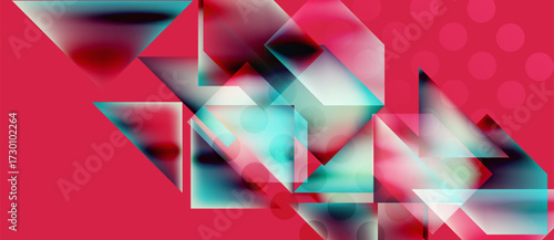 Abstract geometric shapes overlap, creating vibrant color blends. Pink background features subtle circular patterns. Modern design elements dominate composition.