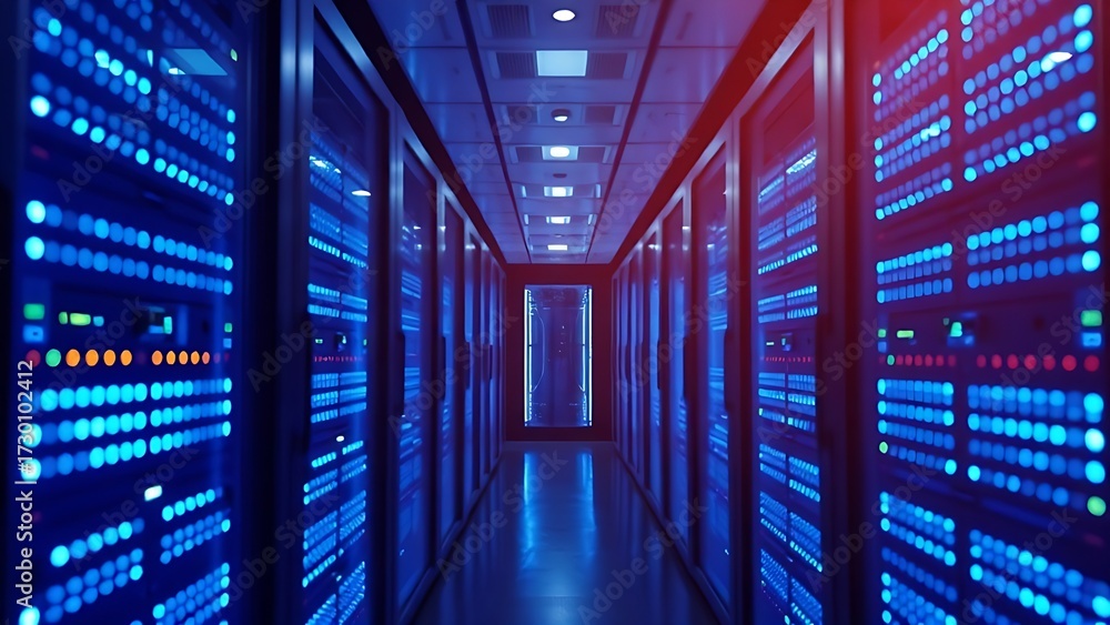 Obraz premium An abstract view of a server room with a atmospheric glow from numerous blue LED lights creating a gradient effect.